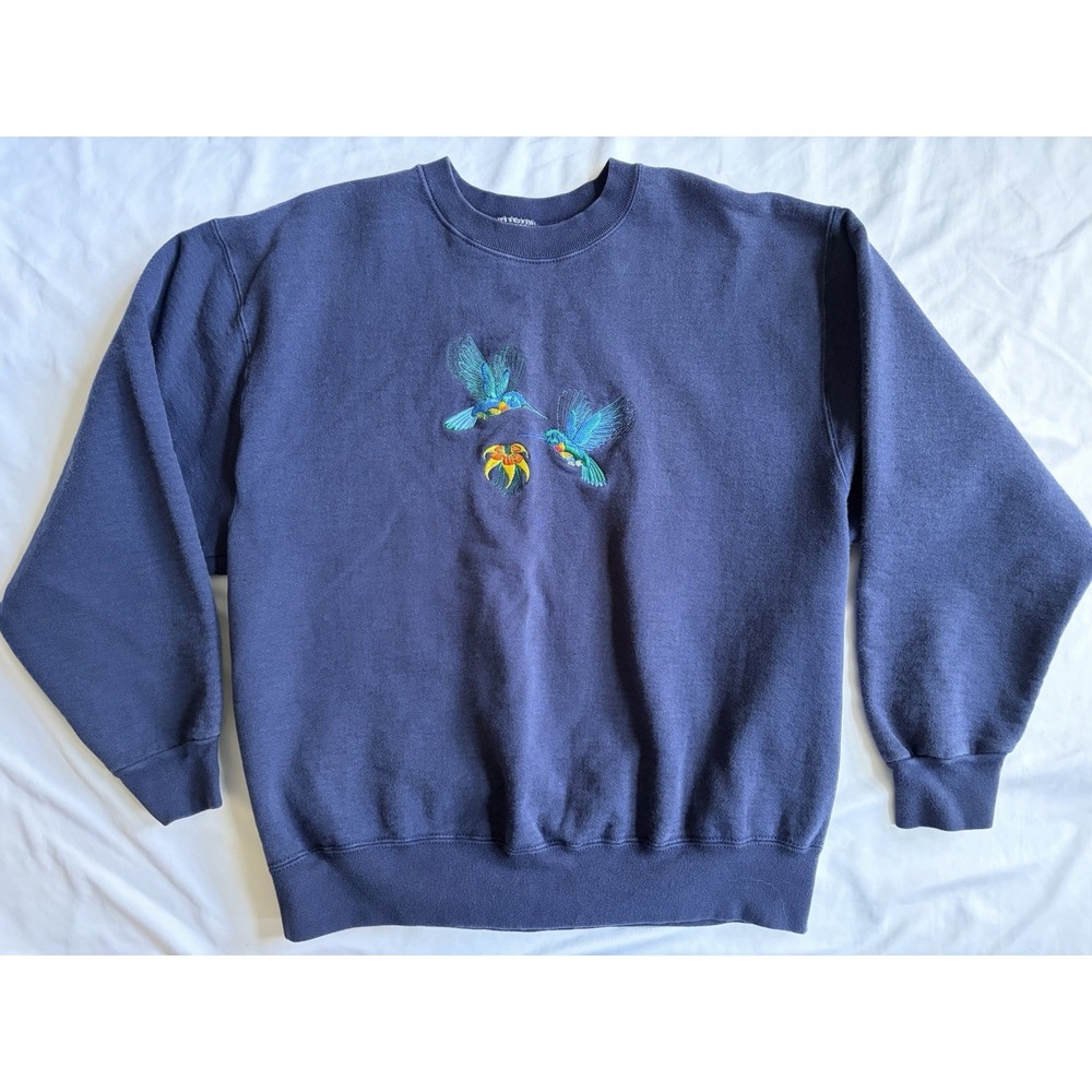 VTG 90s Sweatshirt Embroidered Hummingbirds Flower Blue Large